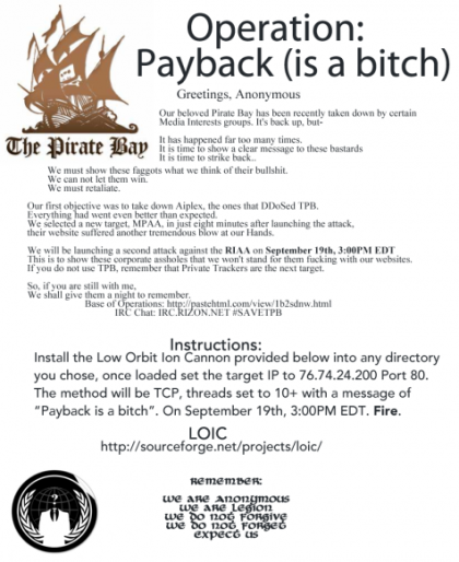 Instrucciones para participar en la Operación Payback, publicadas por Anonymous, 2010